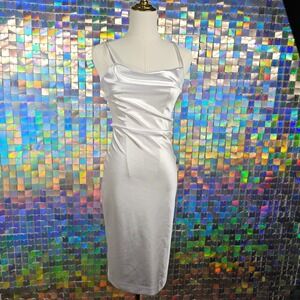 XXXitcat Silver Satin Cowl Neck Midi Slip Dress Spaghetti Strap